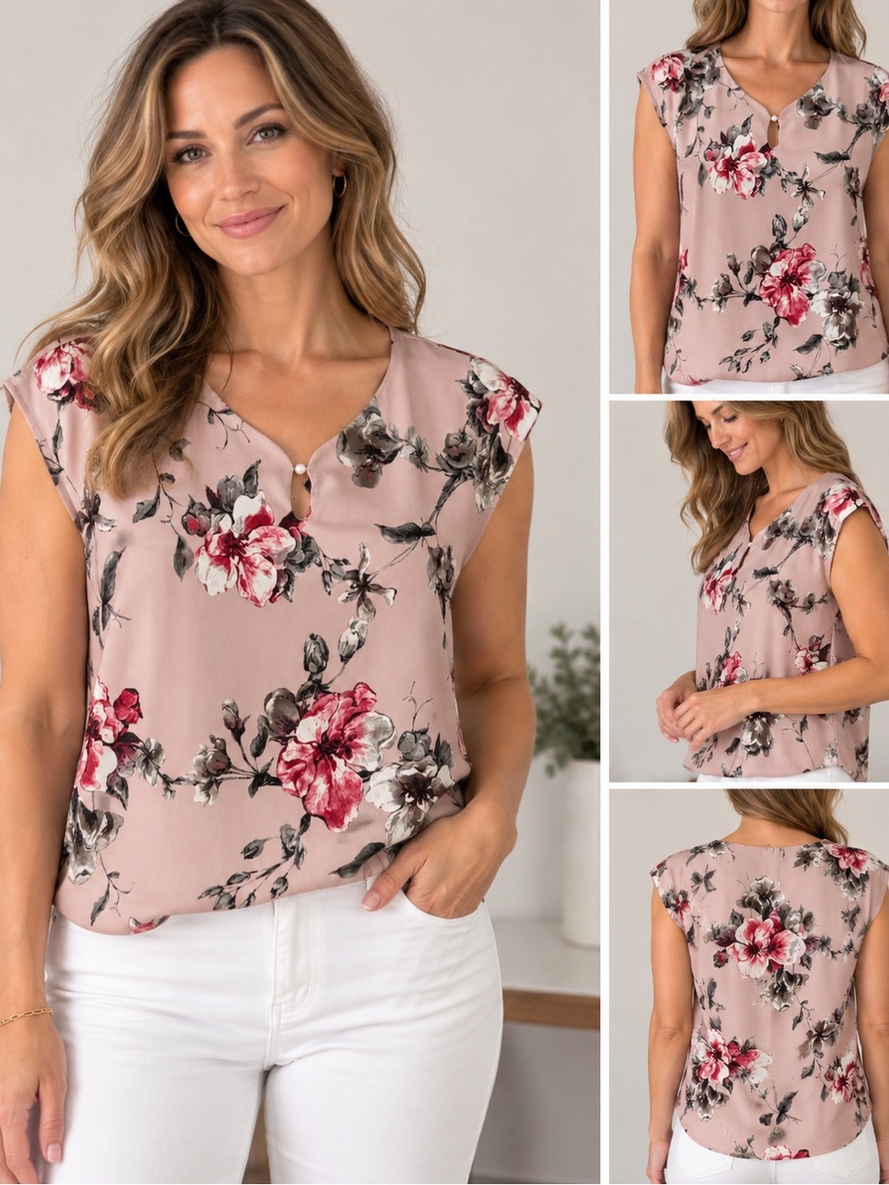 Laura Floral Cap-Sleeve Blouse in Dusty Rose